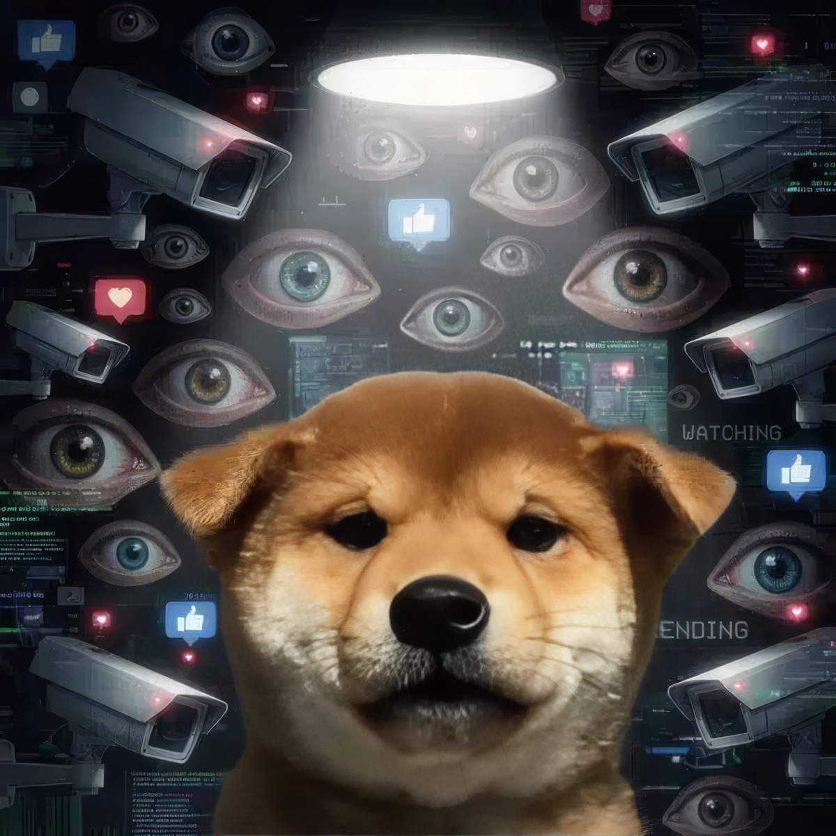 Attention Inu: a shiba puppy staring into the camera, surrounded by eyes and security cameras